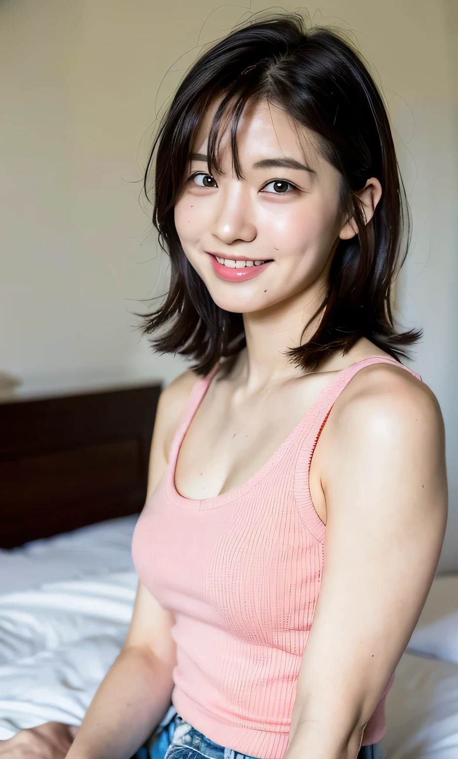 Pink Tank Top, hot pants, bed, (8k, RAW Photos, Realistic: 1.25), , Cute Face, Baby Face, Pretty lips, smile, Short hair with bangs, Lots of lip gloss, Lots of eyelashes, Watery eye, highest quality, Ultra-high resolution, Depth of written boundary, chromatic aberration, caustic, Wide Light, Natural Color,