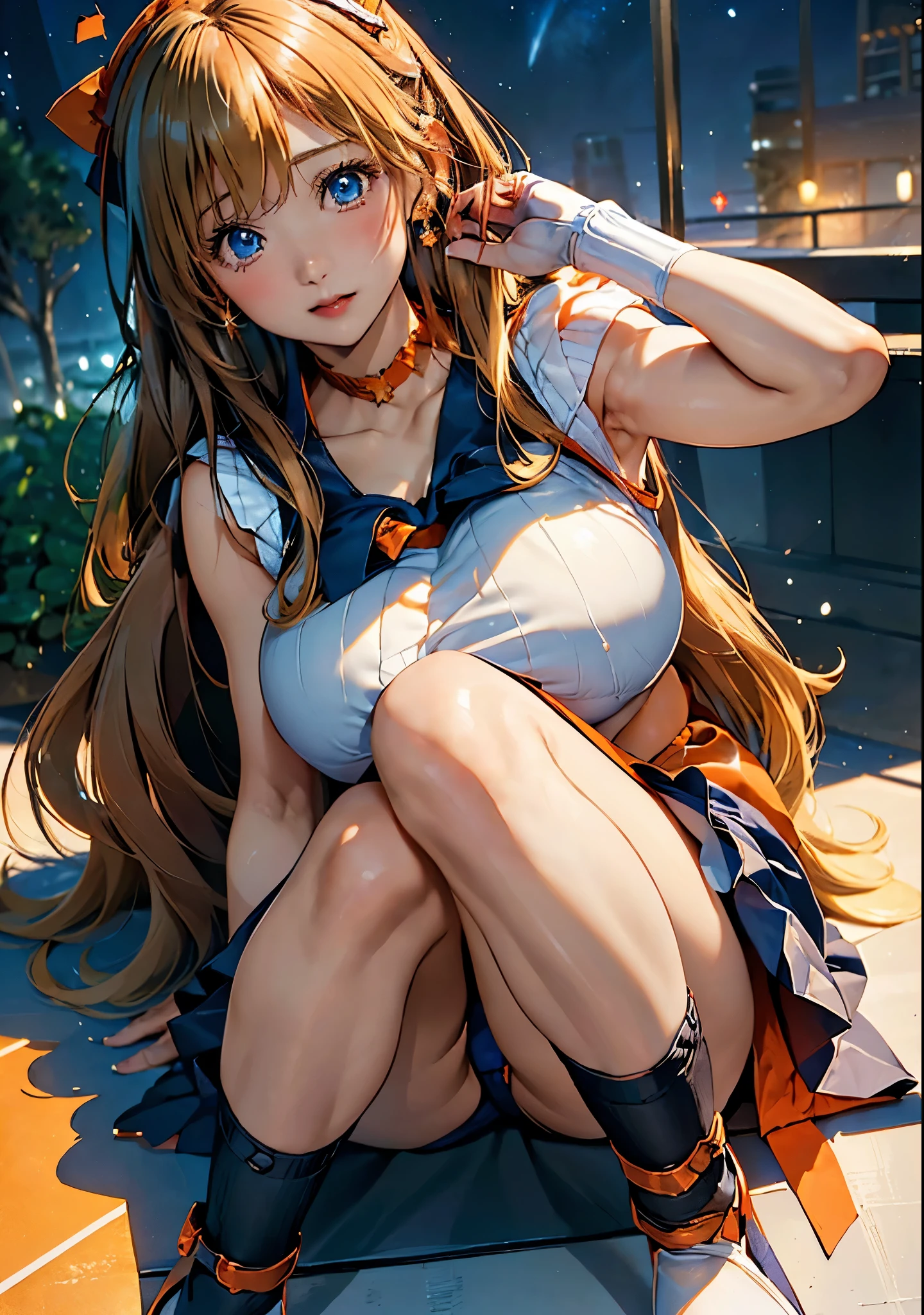 (((masterpiece))), (((High resolution)))、(((8K quality)))、(((Perfect Face)))、Looking into the camera, ((highest qualityの目)), (Detailed face), (Detailed Texture), ((Big Breasts:1.5)), ((Sexy Underwear:1.3)),Dutch Angle, Angle from below, ((Smooth texture:0.75, Realistic texture:0.65, Realistic:1.1, Anime CG Style)), (highest quality, masterpiece, Highest Details) fashion photography of cute astronaut girl with long iridiscent , Sailor Warrior Uniform, Sailor Venus, aino minako, (((masterpiece))), (((High resolution)))、(((8K quality)))、(((Perfect Face)))、Looking into the camera, ((highest qualityの目)), (Detailed face), (Detailed Texture), ((Big Breasts:1.5)),Dutch Angle, Angle from below, alone, Blonde Hair, Magical girl, blue eyes, Orange Skirt, Elbow hand pockets, tiara, Pleated skirt, Hair Ribbon, ((Orange sailor collar:1.3)), mini skirt, choker, Red Bow, orange choker, White gloves, Very long hair, jewelry, Earrings, (Night view:1.3)), ((Star of the sky:1.3)), Venus, Fantasy, ((Showing panties:1.3)), Sitting, ((Knee Up:1.3))