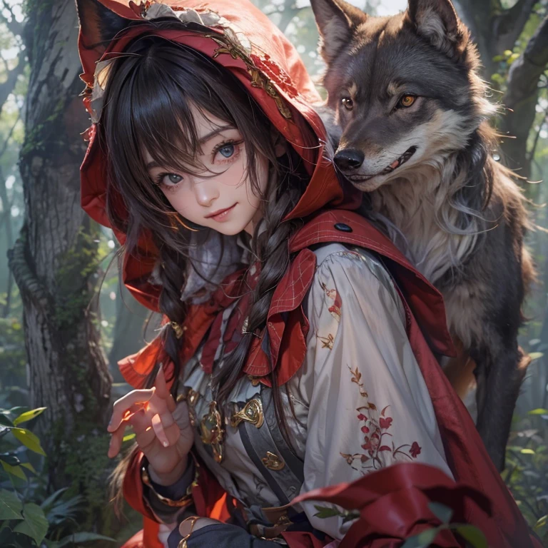 Standing in the forest、Hair flow、 ((highest quality、masterpiece、8k、Best image quality、Ultra-high resolution、Award-winning works)、(Accurate anatomy:1.1)、(Look at me and smile:1.1)、Shining fair skin with Ultra-high resolution、The most detailed face、Ultra-high resolution detailed face、Ultra-high resolutionの髪の毛、(Ultra-high resolution eye:1.1)、Beautiful face drawn in every detail、little red riding hood Costume , Chest to chest, Strange atmosphere, A real werewolf stares at her.., Dark Light, in the forest , Heavy makeup