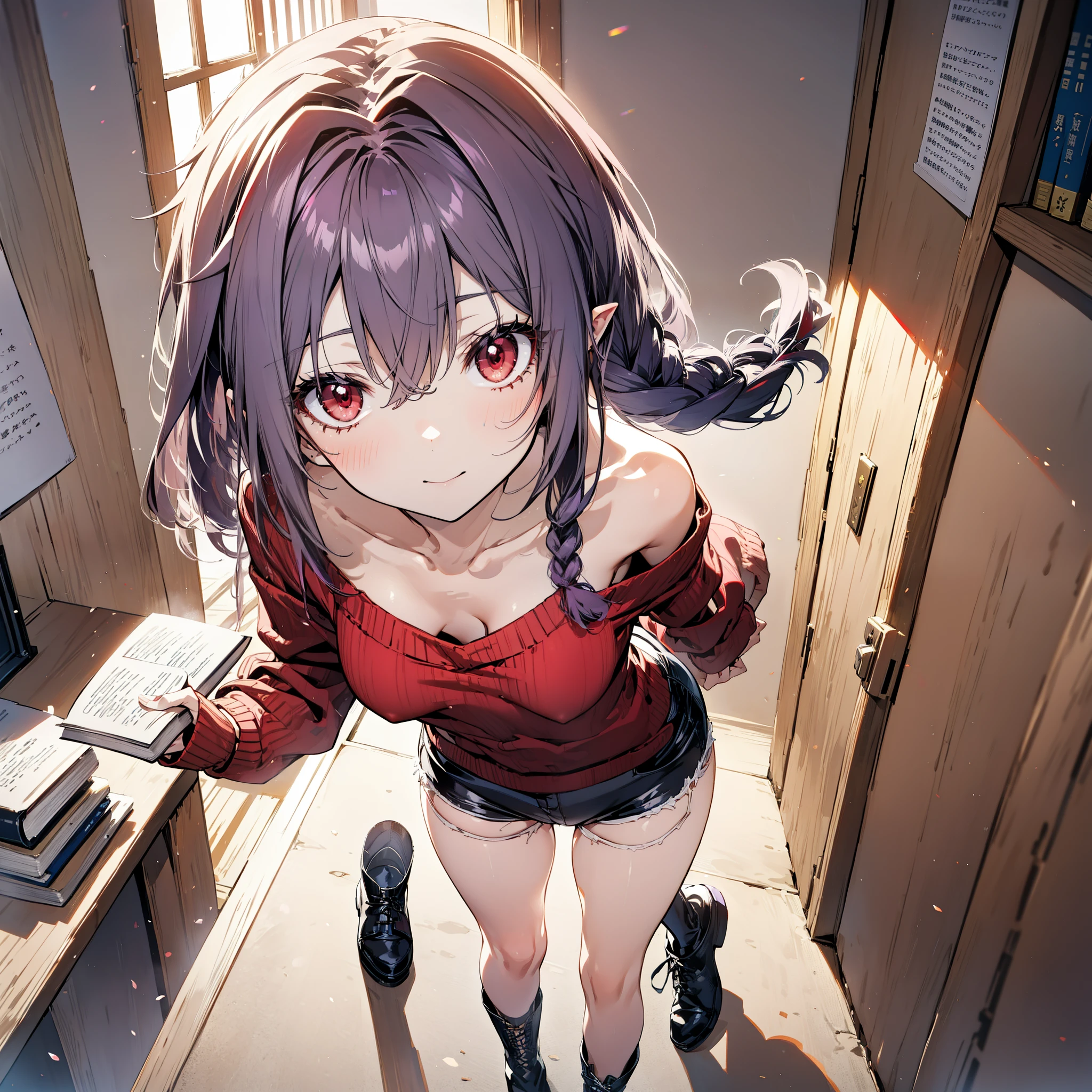 yuukikonno, Konno Yuuki, hair band, Long Hair, Pointed Ears, Purple Hair, (Red eyes:1.5), (Small breasts:1.2), Close your mouth,smile、,Long braids,Black-rimmed glasses,Oversized one-shoulder sweater,Shorts,short boots,Holding a book in both arms,
壊す looking at viewer, whole body,
Break indoors, figure書館
壊す (masterpiece:1.2), highest quality, High resolution, unity 8k wallpaper, (figure:0.8), (Beautiful fine details:1.6), Highly detailed face, Perfect lighting, Highly detailed CG, (Perfect hands, Perfect Anatomy),