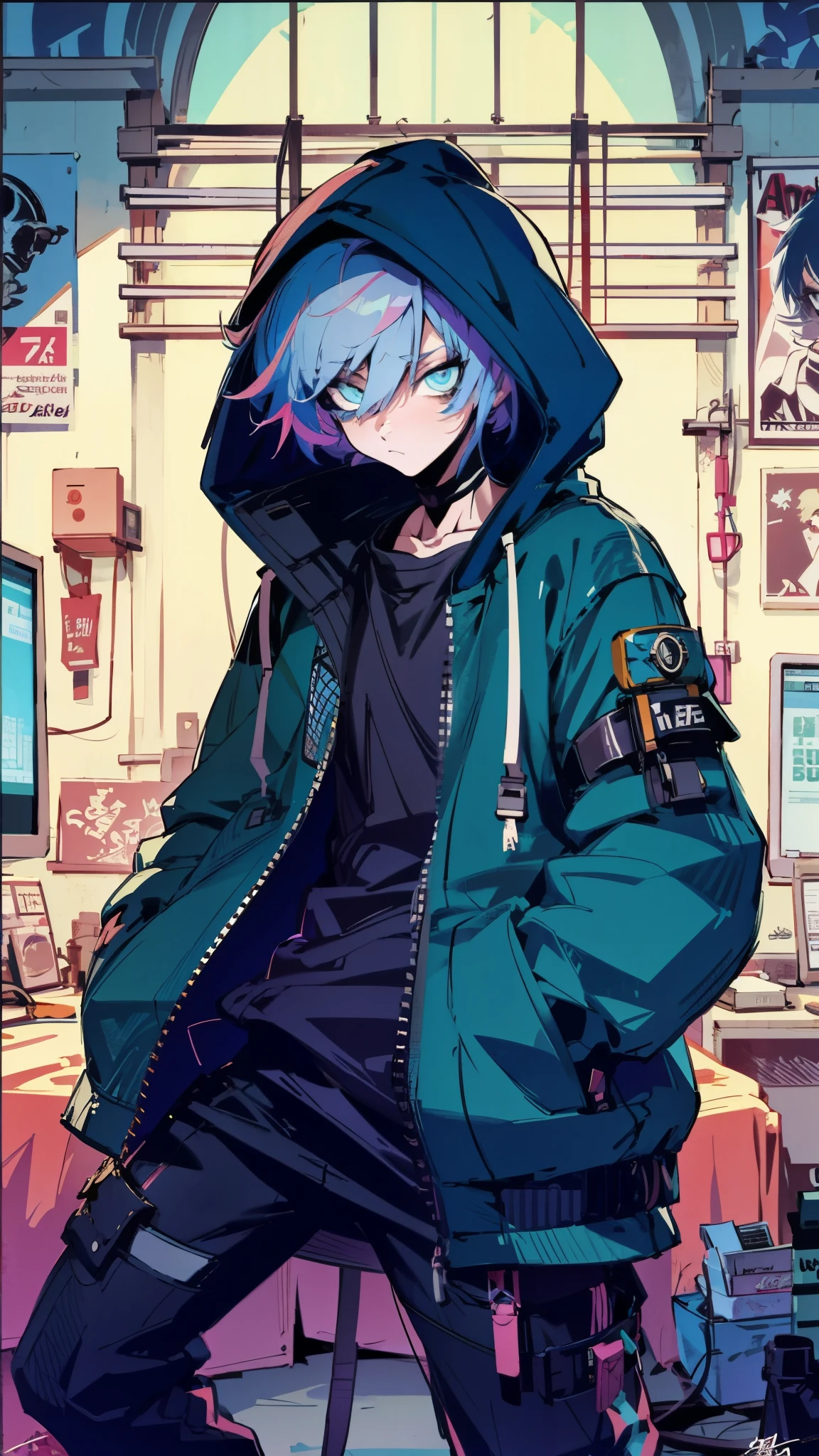 thicker outlines, anime style, cool and edgy, Digital painting of a Stylish, teenager with cell shading, vibrant pallete, anime style, thicker lines, wearing a hooded jacket, pants and posing, bedroom filled with vintage tech and modern gadgets, screens displaying random codes, fashionable, acessory