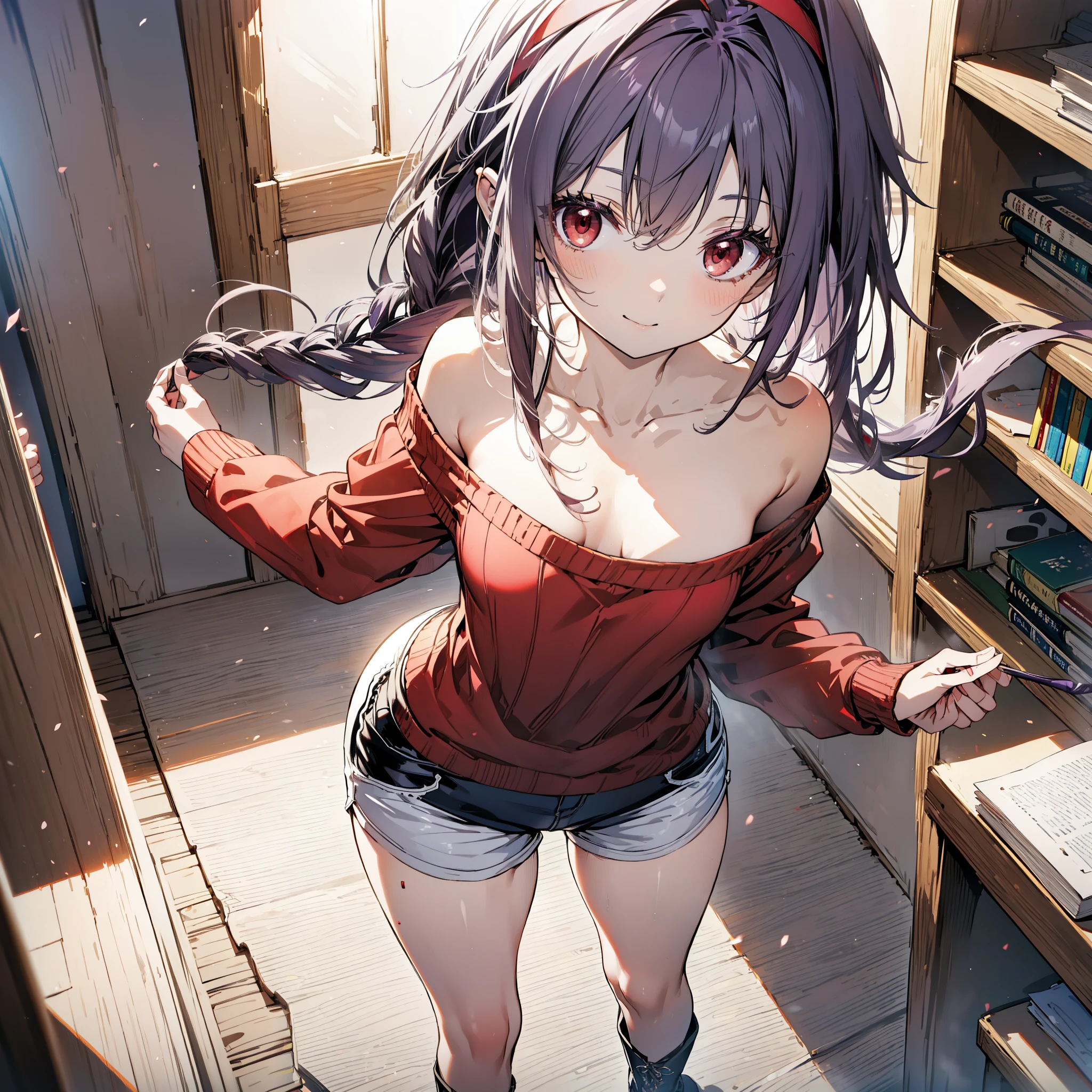 yuukikonno, Konno Yuuki, hair band, Long Hair, Pointed Ears, Purple Hair, (Red eyes:1.5), (Small breasts:1.2), Close your mouth,smile、,Long braids,Black-rimmed glasses,Oversized one-shoulder sweater,Shorts,short boots,Holding a book in both arms,
壊す looking at viewer, whole body,
Break indoors, figure書館
壊す (masterpiece:1.2), highest quality, High resolution, unity 8k wallpaper, (figure:0.8), (Beautiful fine details:1.6), Highly detailed face, Perfect lighting, Highly detailed CG, (Perfect hands, Perfect Anatomy),