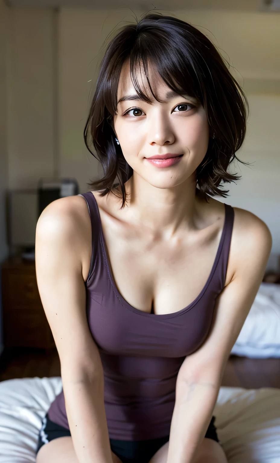 Pink Tank Top, hot pants, bed, (8k, RAW Photos, Realistic: 1.25), , Cute Face, Baby Face, Pretty lips, smile, Bob hair with bangs, Lots of lip gloss, Lots of eyelashes, Watery eye, highest quality, Ultra-high resolution, Depth of written boundary, chromatic aberration, caustic, Wide Light, Natural Color,