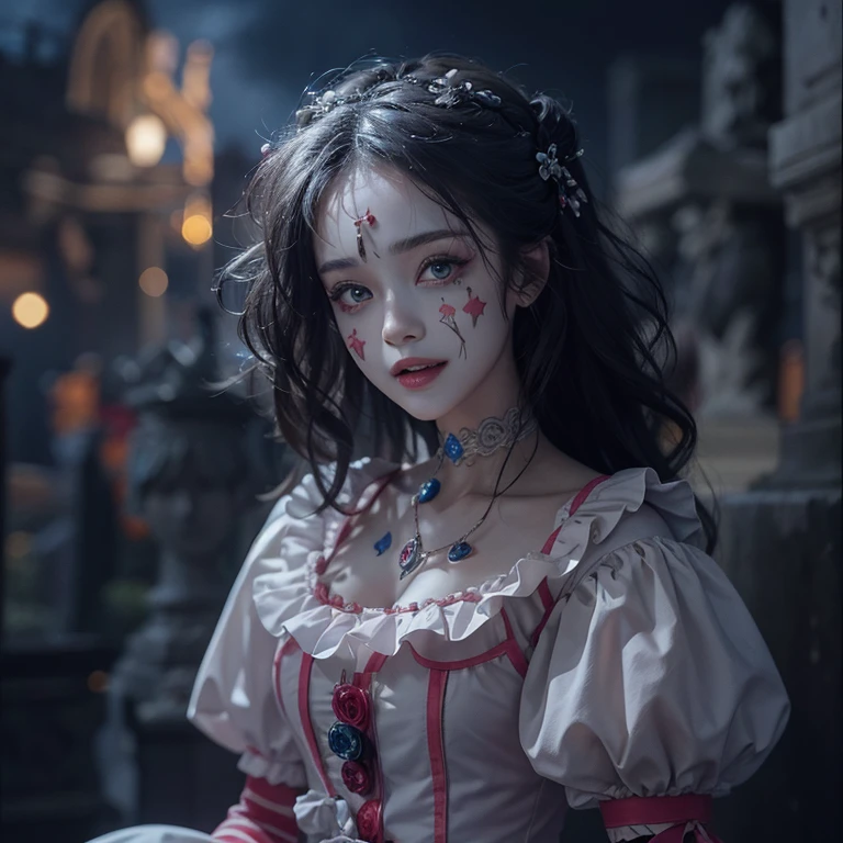 Standing in the grave、Hair flow、 ((highest quality、masterpiece、8k、Best image quality、Ultra-high resolution、Award-winning works)、(Accurate anatomy:1.1)、(Look at me and smile:1.1)、Shining fair skin with Ultra-high resolution、The most detailed face、Ultra-high resolution detailed face、Ultra-high resolutionの髪の毛、(Ultra-high resolution eye:1.1)、Beautiful face drawn in every detail、Cheerful clown costume, Chest to chest, Strange atmosphere, Ghosts flow, Dark Light, At the cemetery, Heavy makeup