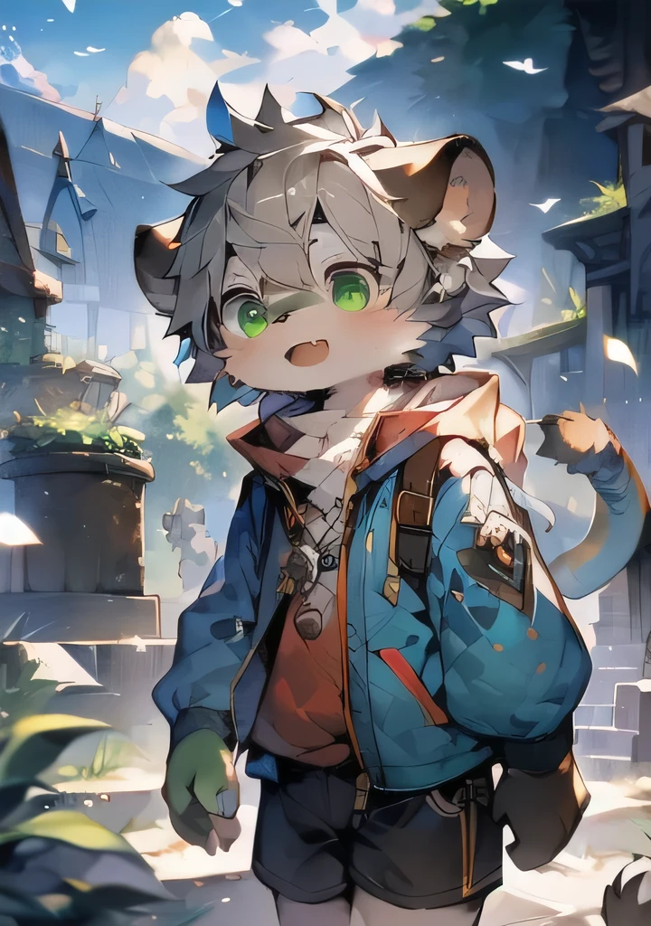 （dragon，Gray hair and green eyes，Yellow and wHellote coat color，Lovely，Lively，horny boy，,Wear a sweatsHellort with a pink pattern，energetic and cute，shorts, wind element，hairy），Digital artwork with light effects.a boy，single anthropology,hairy,Wild,(digital media \(artwork\):1.2),(Hello，It's notHellong,H:1.2),Perfect anatomical structure,Anatomically correct,detailed,detailed face,detailed eyes,(Realistic hair,detailed fur:1.25),detailed background,Amazing background. rest (author：Puinki \(artist\):1.2),(author：fantasy land,author：Kuroi Junmi,author：Milk Tiger 1145,author：Moki,author：Enamel 1,Through the oocyst:1.2),(author：Xia Huaiting:0.8),(by Pino Deheni:0.8),(author：Sios SHelloru:0.8),(From Chunie:0.8).