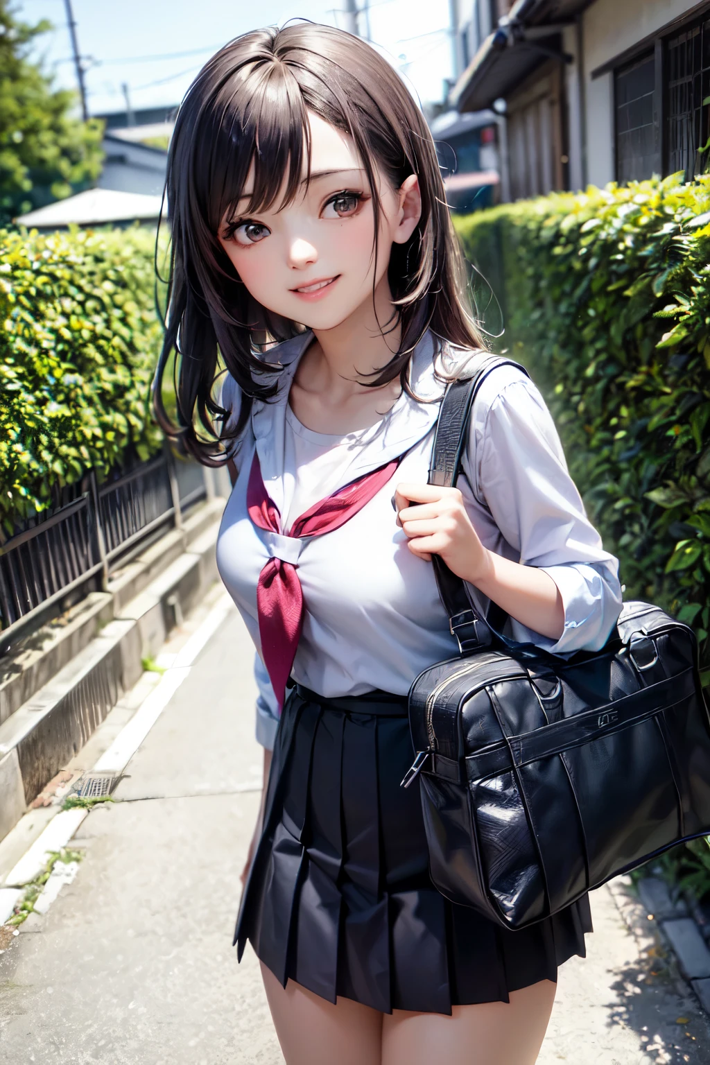 very cute and beautiful girl,(highly detailed beautiful face and eyes),(smile:1.25),looking at viewer,
black hair,serafuku,(pleated navyblue mini skirt),standing,holding school bag,
narrow alley in tokyo,stone wall in front of modern building,trees,shrubbery,
(best quality,masterpiece),absurdres,highres,ultra-detailed,extremely detailed,32k,8k resolution,
intricate details,cinematic scene,detailed background,solo,dynamic angle,