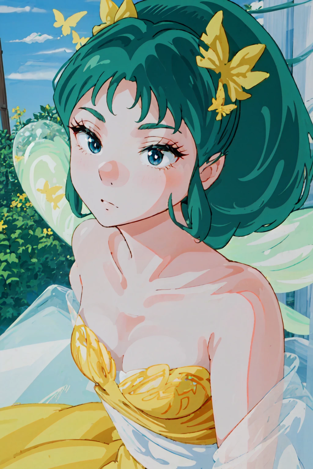 score_9, score_8_up, score_7_up, source_anime, 1girl, Lum, solo, green hair, Blue eyes, masterpiece, Best quality, full body shot, The  Man, butterfly wings, Very small, Thumbelina, Ideal lighting, double tail, Drill hair, good Face, beautiful girl in a lush garden, detailed face and eyes, long eyelashes, natural lighting, colorful flowers, vibrant colors, detailed foliage, serene atmosphere, 8k, hyper detailed, cinematic lighting, masterpiece,