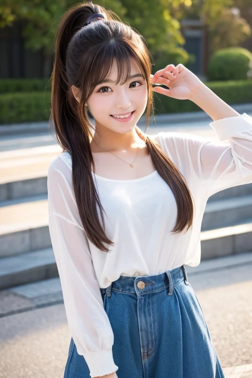 Produce the highest quality and highest resolution 8K images。The model is a 20-year-old Japanese woman.。The image depicts her posing and smiling for the camera.。She has brown eyes and a model figure.、She has an idol-level cute face.。The hair is in a ponytail。Skin has a healthy color。Clothes、I'm wearing early summer clothes。