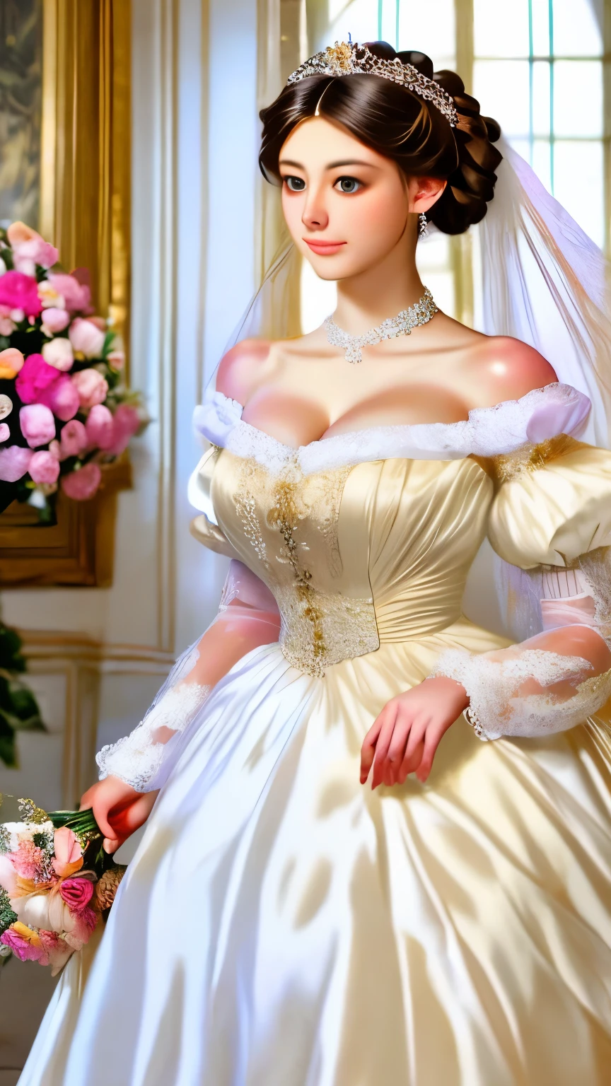 bride in a white dress holding a bouquet of flowers in a room, a photorealistic painting inspired by Franz Xaver Winterhalter, tumblr, rococo, puff sleeves, beautiful and elegant, beautiful detailed elegant, romantic gown, ribbons and flowers, exquisite and beautiful, dressed beautiful gown, very beautiful and elegant, voluminous sleeves, in romantic style, with flowers