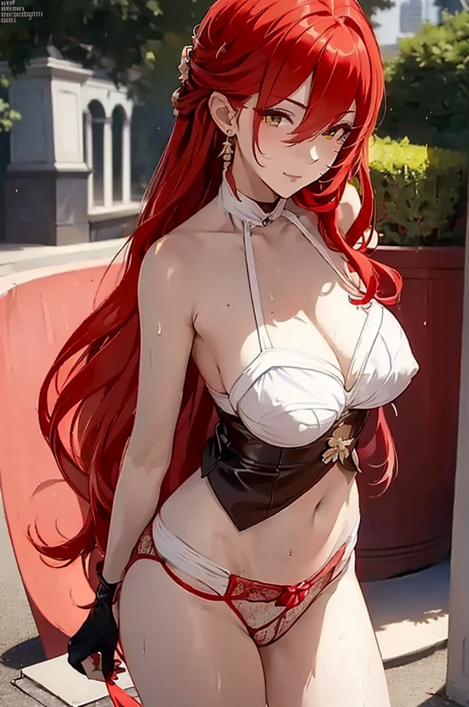 Masterpiece, best quality, highres, highly detailed, 1 girl, long hair, red hair, caramel eyes, large breast, lingerie, red bra, red panties, garterbelt with red stocking, pubic hair, nipple perked out from under bra, see through nipple, she wet, drenched, outdoor, public park, looking at viewers