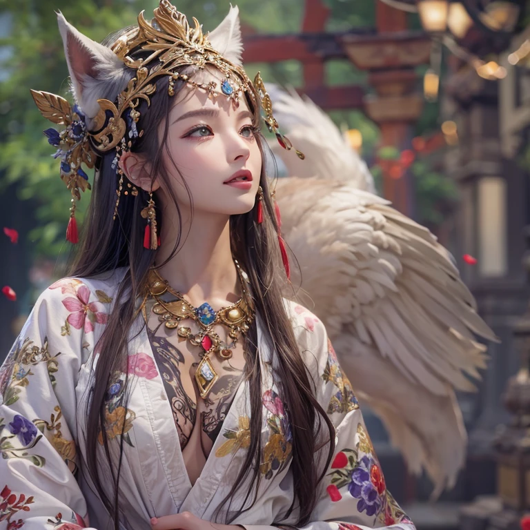 Hiding in an ancient shrine、Hair flow、 ((highest quality、masterpiece、8k、Best image quality、Ultra-high resolution、Award-winning works)、(Accurate anatomy:1.1)、(Look at me and smile:1.1)、Shining fair skin with Ultra-high resolution、The most detailed face、Ultra-high resolution detailed face、Ultra-high resolutionの髪の毛、(Ultra-high resolutionの煌めく瞳:1.1)、Beautiful face drawn in every detail、(Blurred Background:1.1)、Ancient maiden costume, Chest to chest, tattoo、Other than white fox