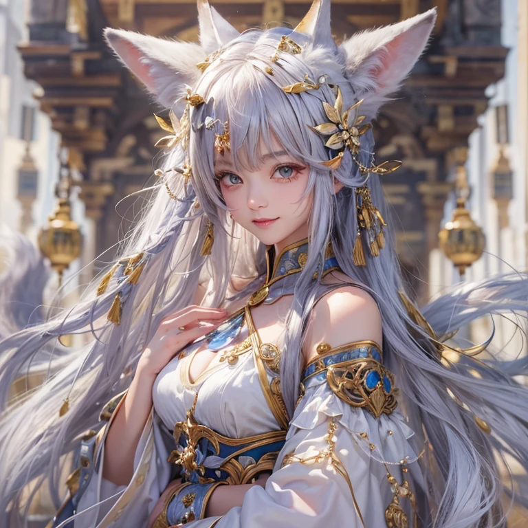Hiding in an ancient shrine、Hair flow、 ((highest quality、masterpiece、8k、Best image quality、Ultra-high resolution、Award-winning works)、(Accurate anatomy:1.1)、(Look at me and smile:1.1)、Shining fair skin with Ultra-high resolution、The most detailed face、Ultra-high resolution detailed face、Ultra-high resolutionの髪の毛、(Ultra-high resolutionの煌めく瞳:1.1)、Beautiful face drawn in every detail、(Blurred Background:1.1)、Ancient maiden costume, Chest to chest, tattoo、Other than white fox