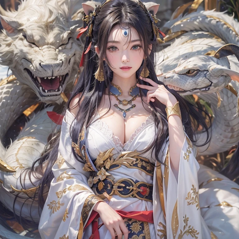 Hiding in an ancient shrine、Hair flow、 ((highest quality、masterpiece、8k、Best image quality、Ultra-high resolution、Award-winning works)、(Accurate anatomy:1.1)、(Look at me and smile:1.1)、Shining fair skin with Ultra-high resolution、The most detailed face、Ultra-high resolution detailed face、Ultra-high resolutionの髪の毛、(Ultra-high resolutionの煌めく瞳:1.1)、Beautiful face drawn in every detail、(Blurred Background:1.1)、Ancient maiden costume, Chest to chest, tattoo、With a giant white snake by his side