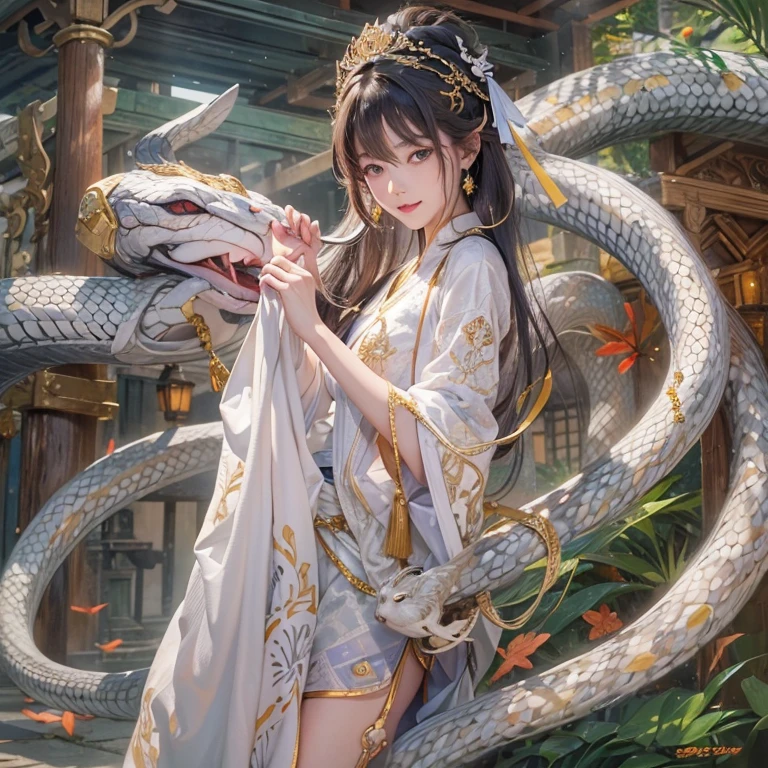 Hiding in an ancient shrine、Hair flow、 ((highest quality、masterpiece、8k、Best image quality、Ultra-high resolution、Award-winning works)、(Accurate anatomy:1.1)、(Look at me and smile:1.1)、Shining fair skin with Ultra-high resolution、The most detailed face、Ultra-high resolution detailed face、Ultra-high resolutionの髪の毛、(Ultra-high resolutionの煌めく瞳:1.1)、Beautiful face drawn in every detail、(Blurred Background:1.1)、Ancient maiden costume, Chest to chest, tattoo、With a giant white snake by his side