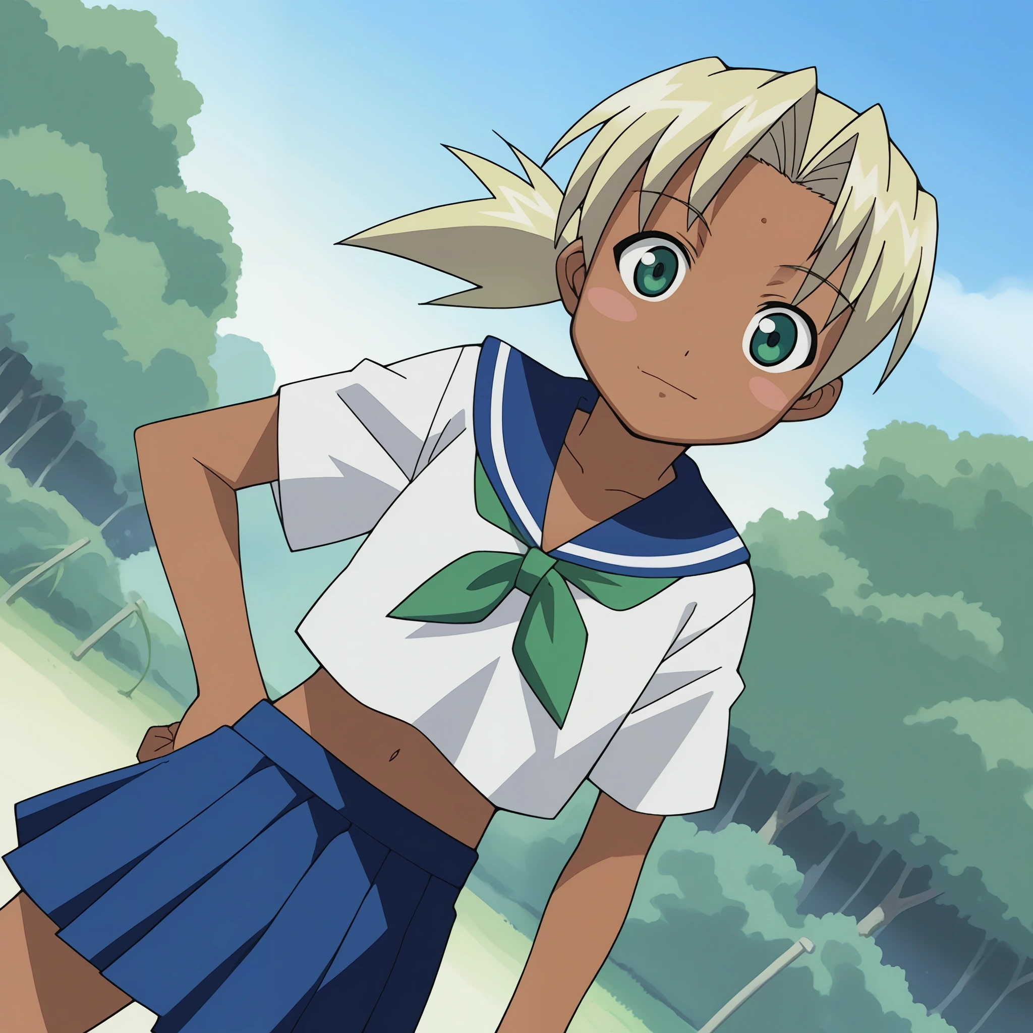 score_9, score_8_up, score_7_up, source_anime,
kaollasu, kaolla su, blonde hair, green eyes, dark skin, dark-skinned female, blush stickers, ponytail,
skirt, navel, , serafuku, midriff, blue skirt, pleated skirt,
outdoors,
looking at viewer, dutch angle, cowboy shot,
