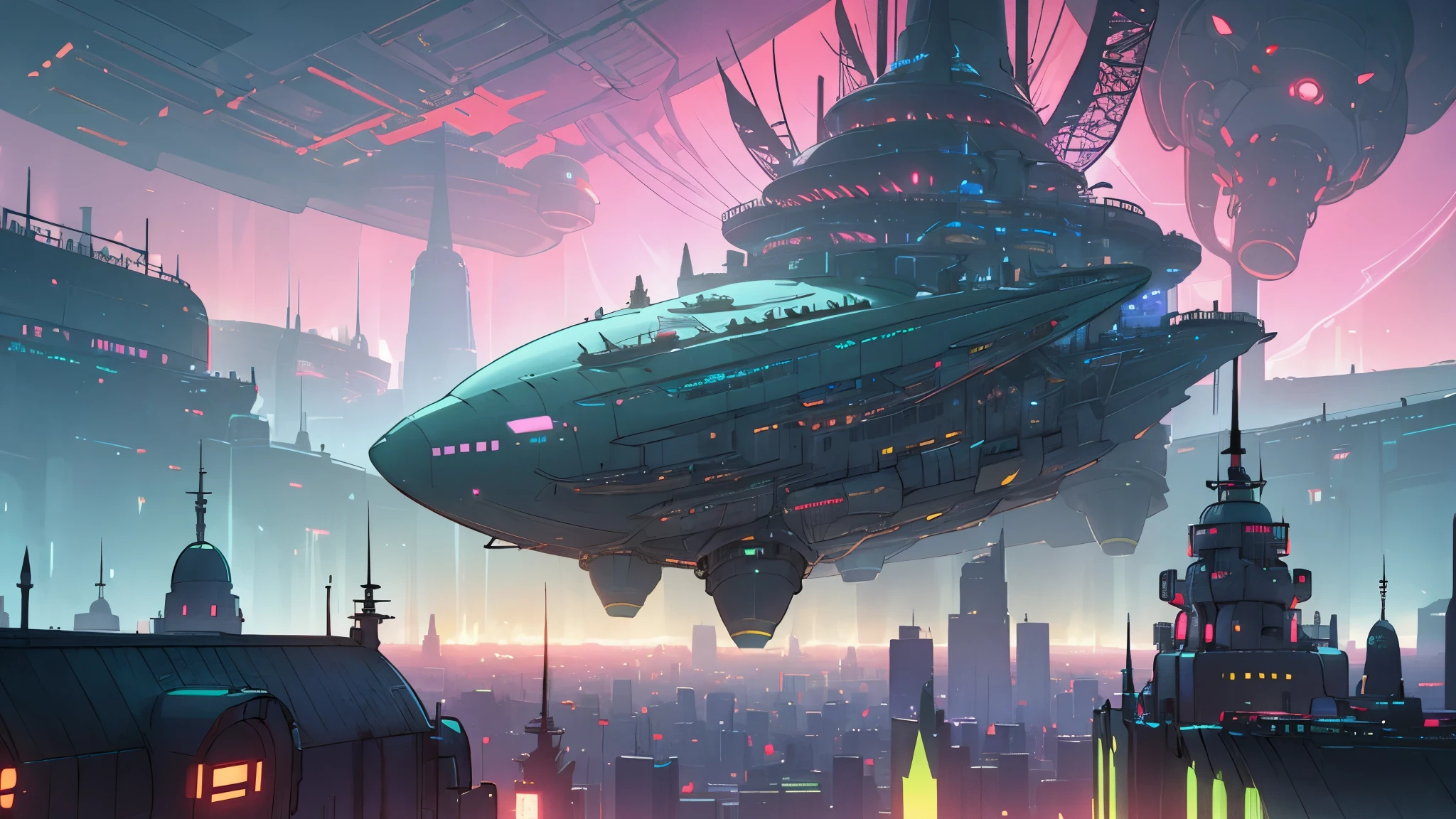 a vast cybercity with airships and mythical creatures, intricate cityscape, futuristic architecture, flying airships, fantasy creatures, glowing neon lights, cinematic atmosphere, dramatic lighting, vibrant colors, photorealistic, highly detailed, 8k, masterpiece