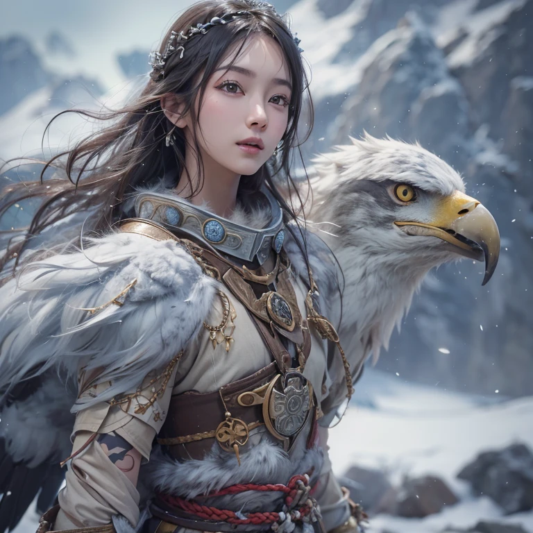 Hiding in the snowy mountains、Hair flow、 ((highest quality、masterpiece、8k、Best image quality、Ultra-high resolution、Award-winning works)、(Accurate anatomy:1.1)、(Look at me and smile:1.1)、Shining fair skin with Ultra-high resolution、The most detailed face、Ultra-high resolution detailed face、Ultra-high resolutionの髪の毛、(Ultra-high resolutionの煌めく瞳:1.1)、Beautiful face drawn in every detail、(Blurred Background:1.1)、Ancient Inuit clothing, Chest to chest, tattoo, Old ruins in the background、Apart from the real giant eagle