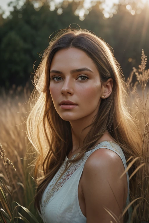 photograph of a white woman in tall grass, Andrei Tarkovsky, Anna Nikonova, warm sunlight, Antonio Rotta, reality punctuated by dreams, , Dean Cornwell, innocence, Robert Capa, summer sun, bob professional photography, soft lighting, high detail, intricate detail, photorealistic, cinematic, random angle, watercolor, airbrush, style Greg Rudkowski, Michael Garmash, ultra hd, realistic, vivid colors, highly detailed, UHD drawing, pen and ink, perfect composition, beautiful detailed intricate insanely detailed octane render trending on artstation, 8k artistic photography, photorealistic concept art, soft natural volumetric cinematic perfect light