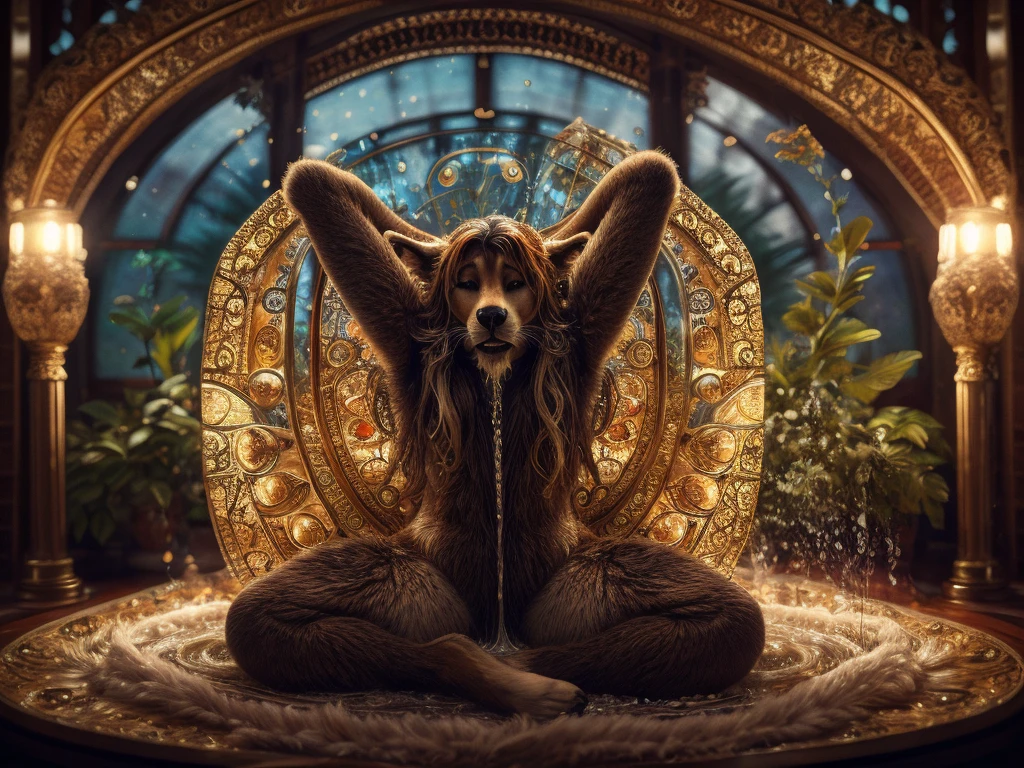 (Mucha style) , Bokeh , Photo session advertisement , Hallucination, daydream , realistic hairy fur , messy female , in the luxury hotel , artistic porn , erotica ,ff Private parts , can not stand it any longer, Squirting pee , Water droplets splashing