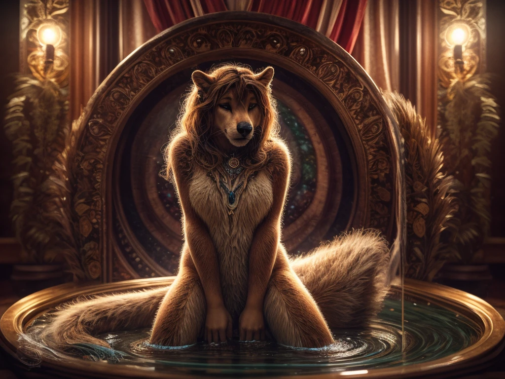 (Mucha style) , Bokeh , naked Photo session advertisement , Hallucination, daydream , realistic hairy fur , messy female , in the luxury hotel , artistic porn pose , erotica , show off Private parts , can not stand it any longer, Squirting pee , Water droplets splashing
