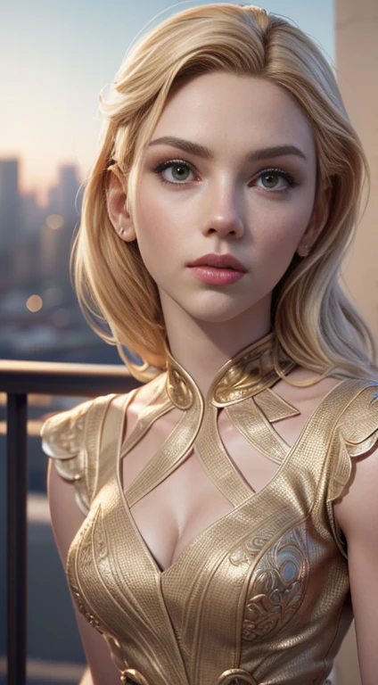 photo of Scarlett Johansson, RAW, beautiful woman, ((portrait)), ((detailed face:1.2)), ((detailed facial feature, detailed skin, clear skin), (perfect proportioned body), (wearing a color dress), (high detailed city environment, apartment balcony), (realistic photo, best quality, detailed), (8k wallpaper), (cinematic lighting, dramatic lighting) (sharp focus, intricate)