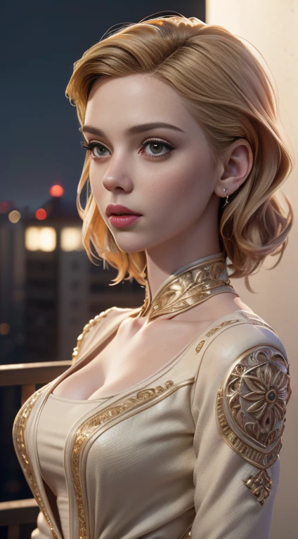 photo of Scarlett Johansson, RAW, beautiful woman, ((portrait)), ((detailed face:1.2)), ((detailed facial feature, detailed skin, clear skin), (perfect proportioned body), (wearing a color dress), (high detailed city environment, apartment balcony), (realistic photo, best quality, detailed), (8k wallpaper), (cinematic lighting, dramatic lighting) (sharp focus, intricate)