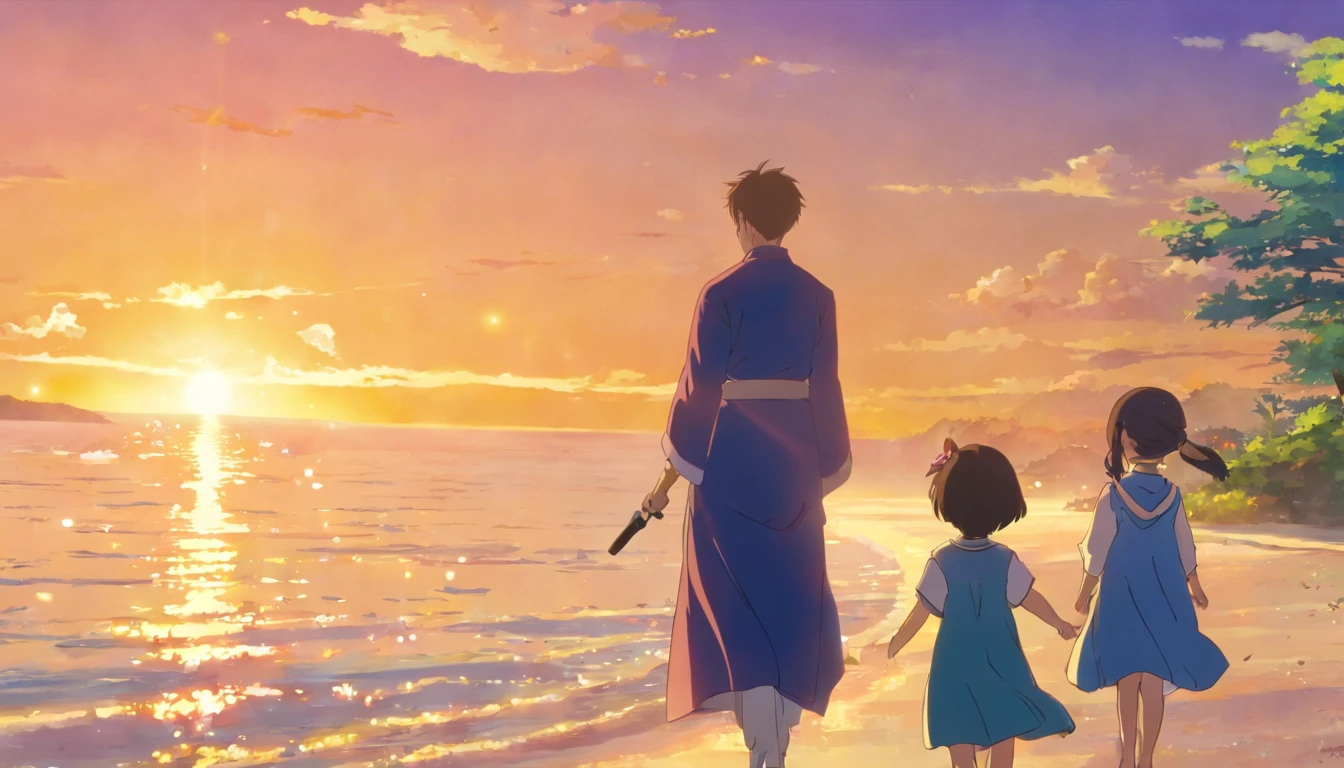 Detailed description of the scene:

time: evening、When the sun began to set。Shining Sunshineが邸宅や海を優しく照らす。
place: Pula, Croatia、瀟洒inモダンな邸宅。In the background is the clear blue sky and the sparkling sea.。
Characters:

Father: 30th Generation、Despite her tired expression, she still smiles.。仕事帰りinスーツを着ている。
The kids: Young male and female twins、無垢in天真爛漫な表情。Fatherに対して全幅の信頼を寄せる。
Background setting, story, historical background:

Father: Former Emperor Constantine I。Make amends for past mistakes、Reuniting with Family。
The kids: Once upon a time, Crispus and Fausta。Fatherとの再会に喜び、Forgetting painful experiences from the past。
Expressing emotions Emphasizing emotions:

Fatherの表情: Eyes filled with deep love and forgiveness。A sense of relief at having overcome past regrets。
The kidsの表情: Pure joy and relief。Fatherの腕の中in笑顔を見せる。
action:

Fatherのaction: A strong and warm embrace。片手inThe kidsの背中を支え、もう一方の手in頭を優しく撫inる。
The kidsのaction: Fatherにしがみつき、顔をFatherの肩に埋める。無邪気な笑顔inFatherを見上げる。
Visual effects and lighting effects:

Shining Sunshine: 夕陽が優しくFatherとThe kidsを包み込み、背後からの逆光in温かさと感動を演出。
How to use shadows: Use soft shadows to create depth and dimension。
How to use colors:

Blue sky and sea: The clear blue and sparkling sea。Expressing a refreshing feeling and spaciousness。
Fatherのスーツ: Calm colors（Navy or grey）in、Fatherの穏やかさと誠実さを表現。
The kidsの服: Bright and innocent colors（Pastel colors etc.）in、Expressing innocence。
Example prompt
「Pula, Croatia、Under the clear blue sky、瀟洒inモダンな邸宅が輝く夏のevening。Shining Sunshineが海と邸宅を包み込む中、30th Generationの若いFatherが仕事帰りに男女の双子をA strong and warm embrace。Fatherの顔には深い愛情と赦しの感情が溢れ、I can see the look of relief on his face, having overcome his past mistakes.。The kidsは無垢in天真爛漫な笑顔を浮かべ、Fatherの肩に顔を埋めて安心感に満ちた表情を見せる。Light and shadow gently intersect、A scene that creates a warm and moving atmosphere overall.。」