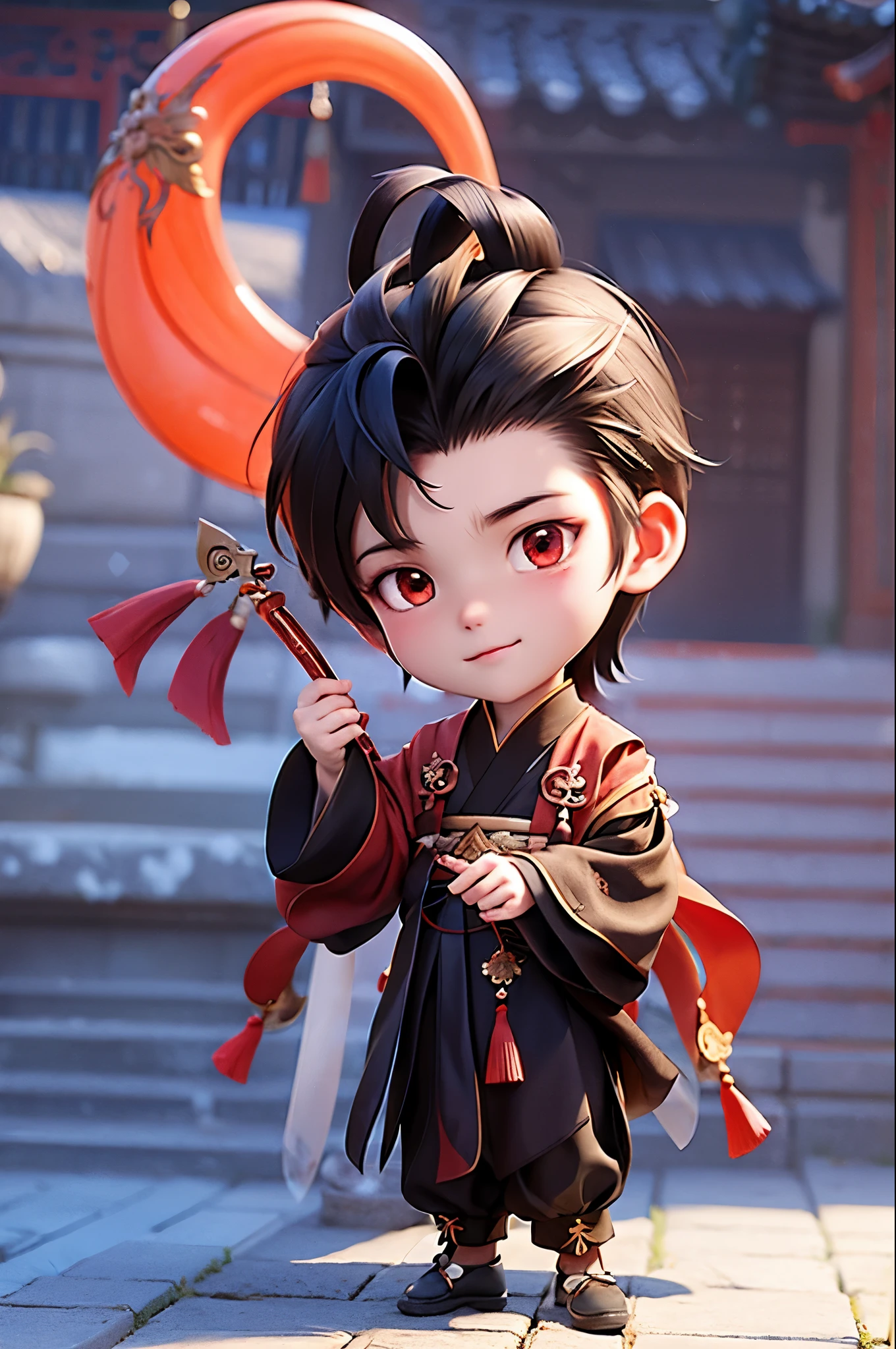 best quality, masterpiece,1 boy, full body, chibi,  A chinese assassin dressed in gray, holding a bloody big sickle, moon background 