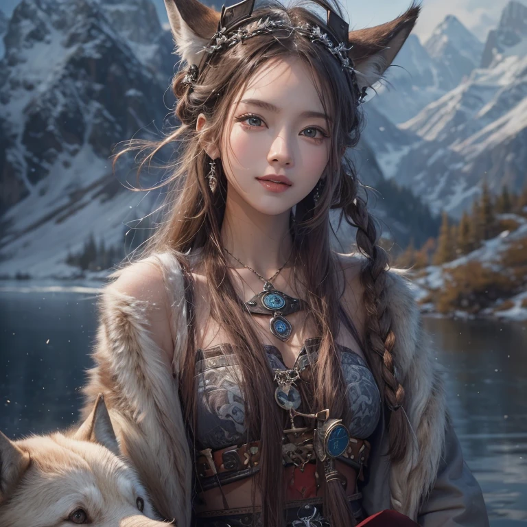 Lakeside surrounded by snowy mountains、Hair flow、 ((highest quality、masterpiece、8k、Best image quality、Ultra-high resolution、Award-winning works)、(Accurate anatomy:1.1)、(Look at me and smile:1.1)、Shining fair skin with Ultra-high resolution、The most detailed face、Ultra-high resolution detailed face、Ultra-high resolutionの髪の毛、(Ultra-high resolutionの煌めく瞳:1.1)、Beautiful face drawn in every detail、Ancient Viking clothing, Chest to chest, tattoo, A real wolf is by your side