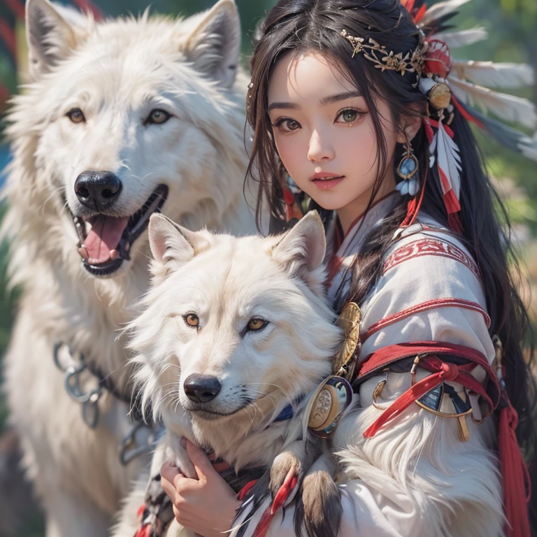 Shirakami-Sanchi、Hair flow、 ((highest quality、masterpiece、8k、Best image quality、Ultra-high resolution、Award-winning works)、(Accurate anatomy:1.1)、(Look at me and smile:1.1)、Shining fair skin with Ultra-high resolution、The most detailed face、Ultra-high resolution detailed face、Ultra-high resolutionの髪の毛、(Ultra-high resolutionの煌めく瞳:1.1)、Beautiful face drawn in every detail、(Blurred Background:1.1)、Native American white costume, American Indian Clothing, Chest to chest, tattoo、A real giant condor next to you。Observing a white wolf