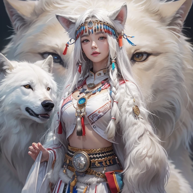 Shirakami-Sanchi、Hair flow、 ((highest quality、masterpiece、8k、Best image quality、Ultra-high resolution、Award-winning works)、(Accurate anatomy:1.1)、(Look at me and smile:1.1)、Shining fair skin with Ultra-high resolution、The most detailed face、Ultra-high resolution detailed face、Ultra-high resolutionの髪の毛、(Ultra-high resolutionの煌めく瞳:1.1)、Beautiful face drawn in every detail、(Blurred Background:1.1)、Native American white costume, American Indian Clothing, Chest to chest, tattoo、A real giant condor next to you。Observing a white wolf