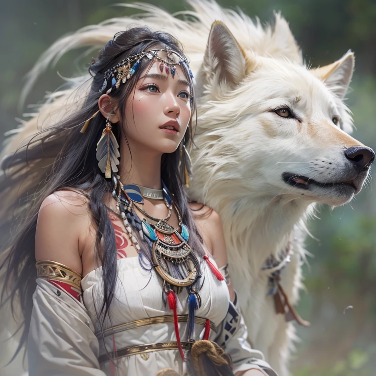 Shirakami-Sanchi、Hair flow、 ((highest quality、masterpiece、8k、Best image quality、Ultra-high resolution、Award-winning works)、(Accurate anatomy:1.1)、(Look at me and smile:1.1)、Shining fair skin with Ultra-high resolution、The most detailed face、Ultra-high resolution detailed face、Ultra-high resolutionの髪の毛、(Ultra-high resolutionの煌めく瞳:1.1)、Beautiful face drawn in every detail、(Blurred Background:1.1)、Native American white costume, American Indian Clothing, Chest to chest, tattoo、A real giant condor next to you。Observing a white wolf