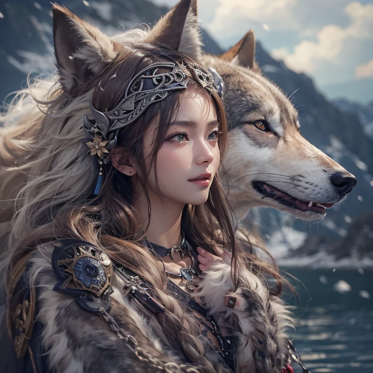 Lakeside surrounded by snowy mountains、Hair flow、 ((highest quality、masterpiece、8k、Best image quality、Ultra-high resolution、Award-winning works)、(Accurate anatomy:1.1)、(Look at me and smile:1.1)、Shining fair skin with Ultra-high resolution、The most detailed face、Ultra-high resolution detailed face、Ultra-high resolutionの髪の毛、(Ultra-high resolutionの煌めく瞳:1.1)、Beautiful face drawn in every detail、Ancient Viking clothing, Chest to chest, tattoo, A real wolf is by your side
