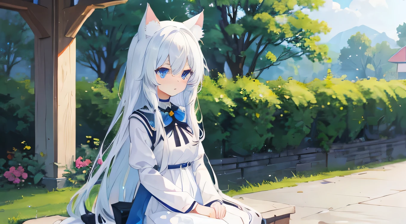 （Highest quality），（Watch your hands），（Detail optimization），Anime Girl，White long hair，Blue Eyes，cute，grace，Shy，Shameful expression，Shameful sitting，Cat ear，slim，weak