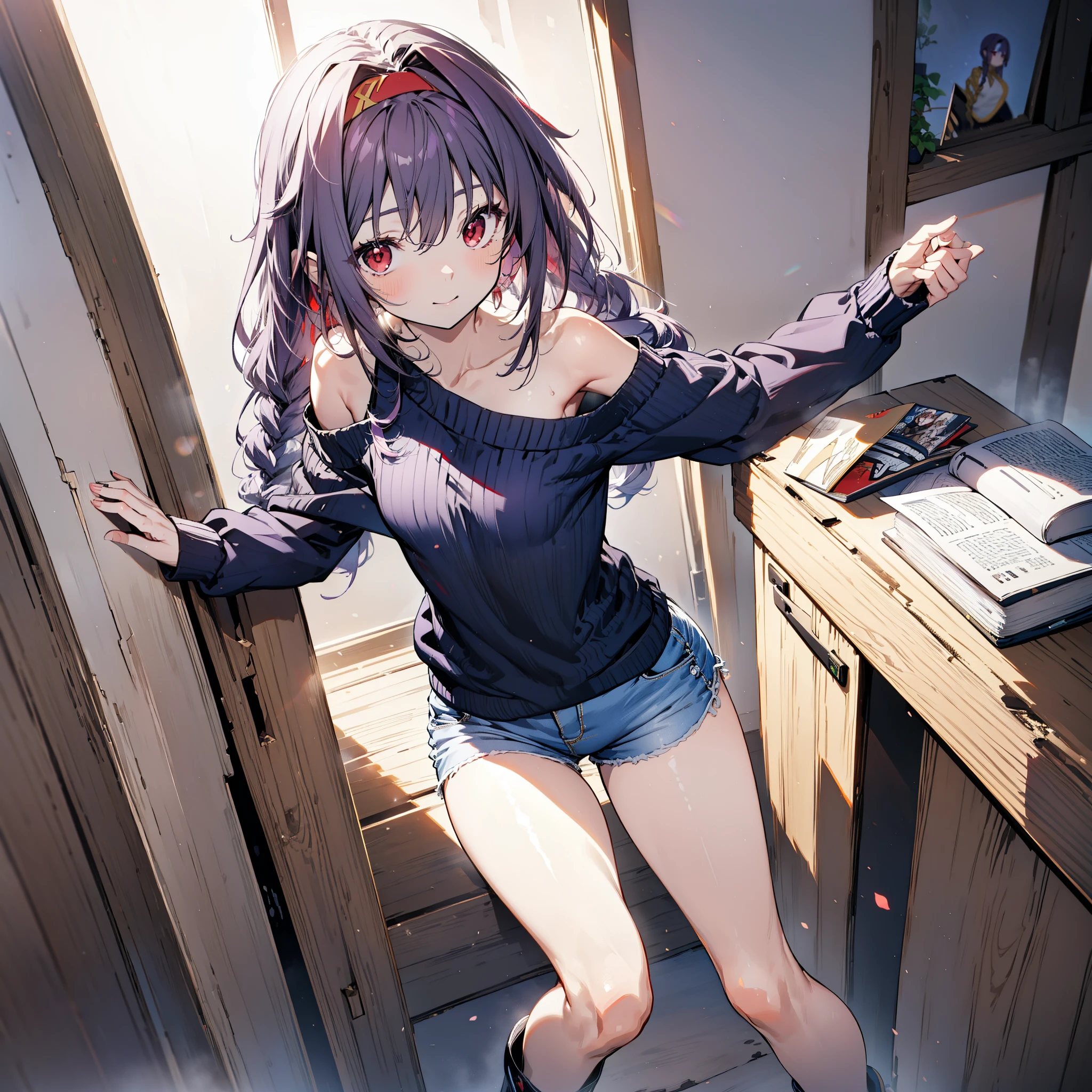 yuukikonno, Konno Yuuki, hair band, Long Hair, Pointed Ears, Purple Hair, (Red eyes:1.5), (Small breasts:1.2), Close your mouth,smile、,Long braids,Black-rimmed glasses,Oversized one-shoulder sweater,Shorts,short boots,Holding a book in both arms,
break looking at viewer, whole body,
break indoors, figure書館,
break (masterpiece:1.2), highest quality, High resolution, unity 8k wallpaper, (figure:0.8), (Beautiful fine details:1.6), Highly detailed face, Perfect lighting, Highly detailed CG, (Perfect hands, Perfect Anatomy),