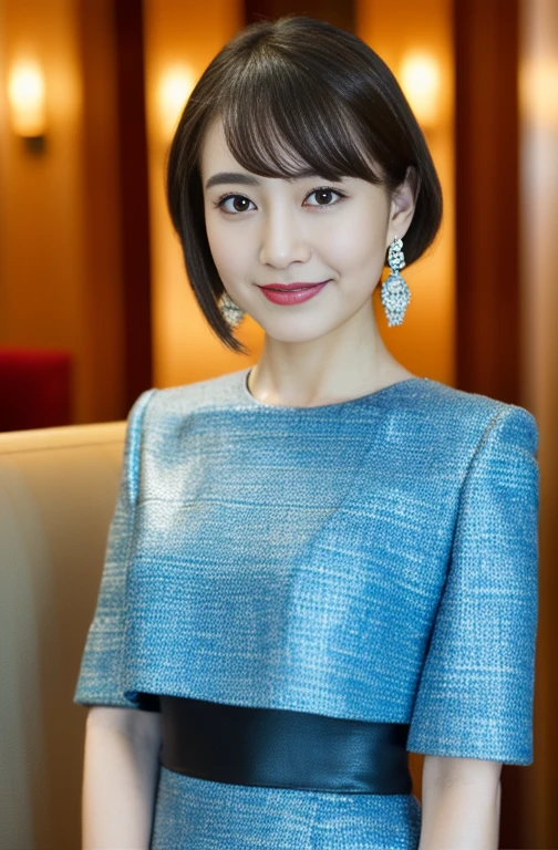 (8k, RAW Photos, highest quality, masterpiece:1.2),(Elegant light blue tweed jacket),whole bodyのポートレート,(clear),(Straight Hair),(Black Hair),(Japanese),Female politicians,Smile,Big black eyes,Lip gloss,Necklace facing forward,(Standing upright and at attention),Stiletto heels,(Luxury hotel lounge:1.5),(whole body:1.5),(Cute Face:1.3),(High heels:1.3),(Big Hips 1.3),(Medium thighs:1.3),(Pink lips),(Fine skin:1.3),(Accurate and perfect human anatomy:1.3)，(Exquisite and perfect features:1.3), (Long eyelashes:1.3)，(lips are shiny and、Textured:1.3),(Earrings:1.3),(Beautiful fine details),(Graceful Face:1.3),Look straight at the camera:1.3