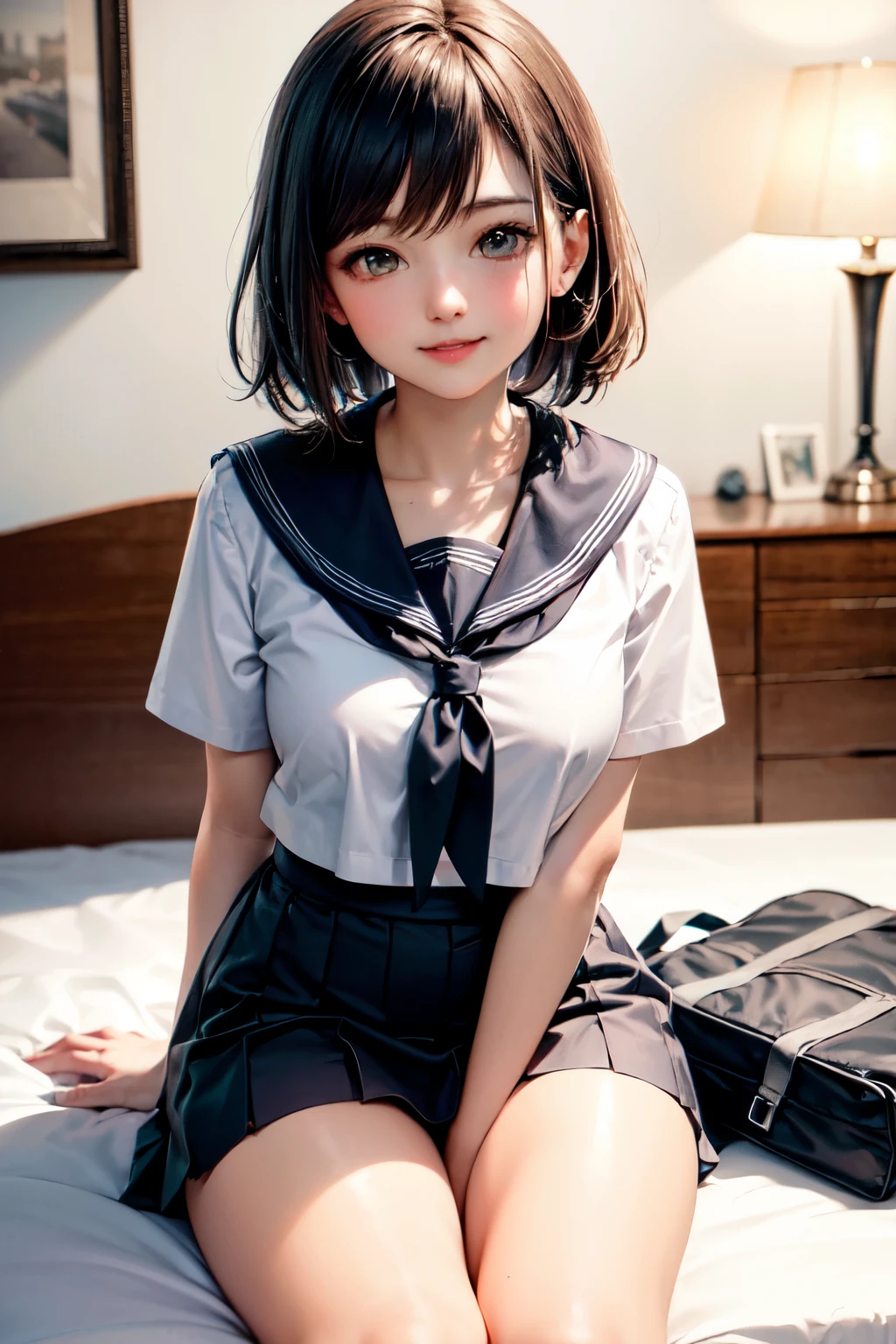 (1 lady), (Best quality at best:1.4), (ultra - detailed), (extremely detailed CG unified 16k), A Beautiful Woman with Perfect Figure: 1.4, Sharp Focus: 1.2, very detailed, High-definition RAW color photo, professional photoshooting, amazing face and eyes, (amazingly beautiful girl), ((masterpiece)), realistic cinematic face, head to feet long wide zoomed out view, full body long view, photorealistic, ((highres)), ((detailed background)), sunset, (ichinose kotomi), gorgeous, extremely beautiful face, perfect model beauty, Highly Detailed Face and Skin Texture, Detailed Eyes, Double Eyelids, ((kotomi uniform, hikarizaka uniform, sch00l uniform, formal uniform)), ((realistic natural purple hair style, purple eyes, long hair, hair ornaments)), tarankaaa, not Dasha Taran, library background, extremely detailed, blurred background, depth of field, cinematic lighting, amazing legs, clear and well-cared skin, athletic, big proportions body, looking at viewer, best hands of the internet