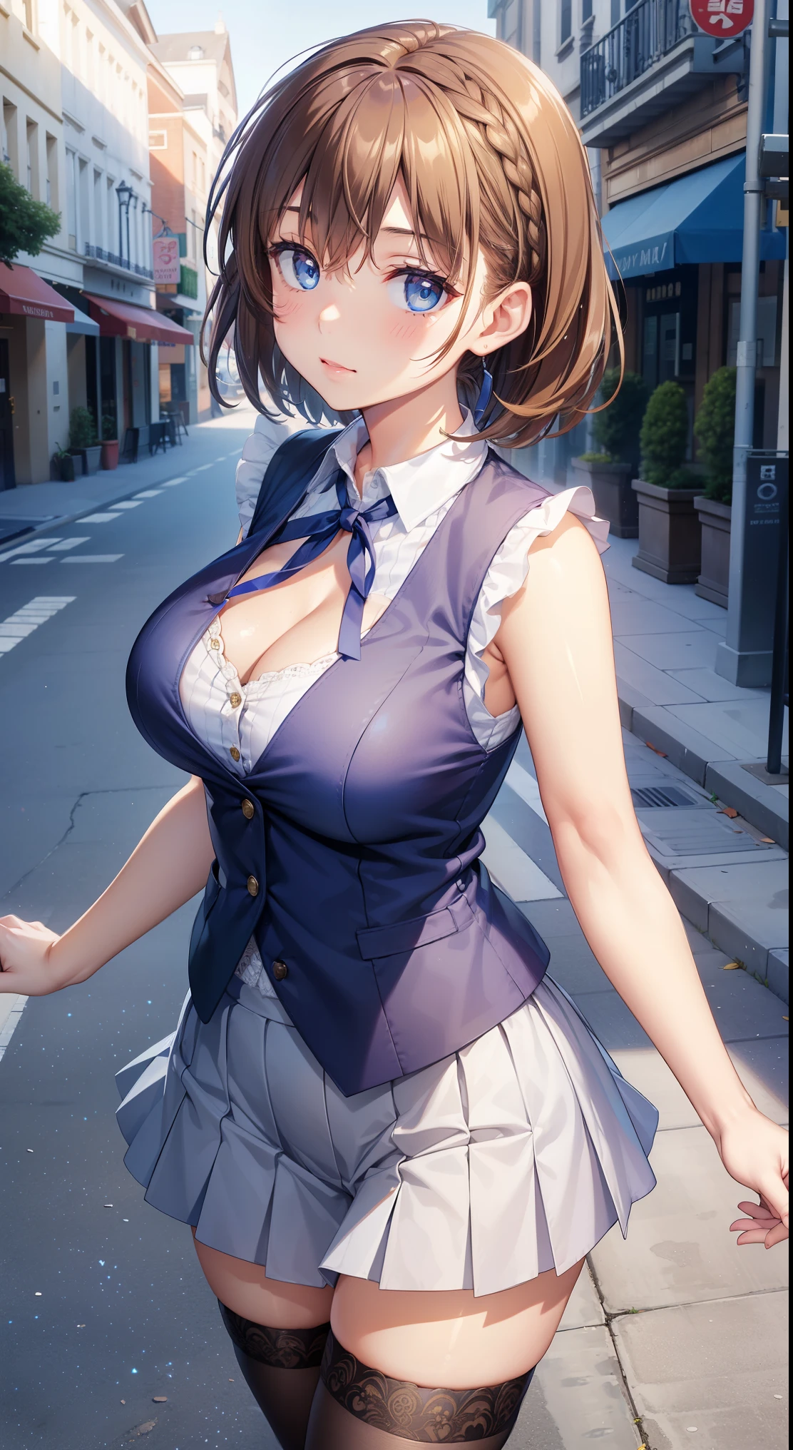 1girl, natural lighting, masterpiece, highly detailed, illustration, game CG, absurdres, high quality, aichan, large breasts, blue eyes, beautiful detailed eyes, short brown hair, side braid, city street, collarbone, waistcoat, miniskirt, thigh highs, sleeveless, neck ribbon, cleavage