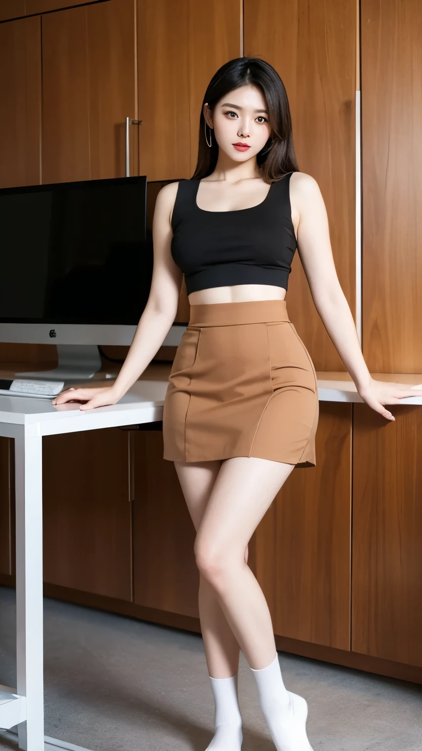 Private Photography，4K quality，Portrait of a lady，Wearing hip skirt，High waist-to-hip ratio，Sense of atmosphere，Medium shot，beautiful girl，Asian real people,Pure Desire，Beauty，Top figure，Wear for the workplace，sock