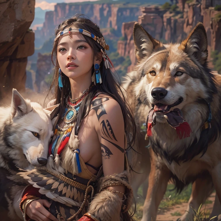 At the Grand Canyon、Hair flow、 ((highest quality、masterpiece、8k、Best image quality、Ultra-high resolution、Award-winning works)、(Accurate anatomy:1.1)、(Look at me and smile:1.1)、Shining fair skin with Ultra-high resolution、The most detailed face、Ultra-high resolution detailed face、Ultra-high resolutionの髪の毛、(Ultra-high resolutionの煌めく瞳:1.1)、Beautiful face drawn in every detail、(Blurred Background:1.1)、Native American Costume, American Indian Clothing, Chest to chest, tattoo、A real giant condor next to you。The wolf is watching