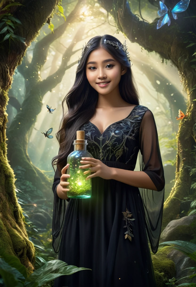 Magical forest scene with a 19 year old Indonesian teenage girl with a beautiful face, medium long hair, super oversize breasts, wearing a long black dress with an intricate design, facing forward with a smile, and a transparent glass bottle emitting mist where a small magical creature sits inside. Curious human figures observe from outside the bottle, their faces remaining hidden. Incorporate elements like lush trees, rocks, atmospheric lighting, and add some fairies flying around the tree to enhance the fantasy atmosphere,incredibly absurdres, ultra detailed, high resolution, realistic lighting, photorealism, hyperrealism,masterpiece,vibrant colors,stunning visuals,ultra skin texsture,stable diffusion,perfect anatomy,crazy details