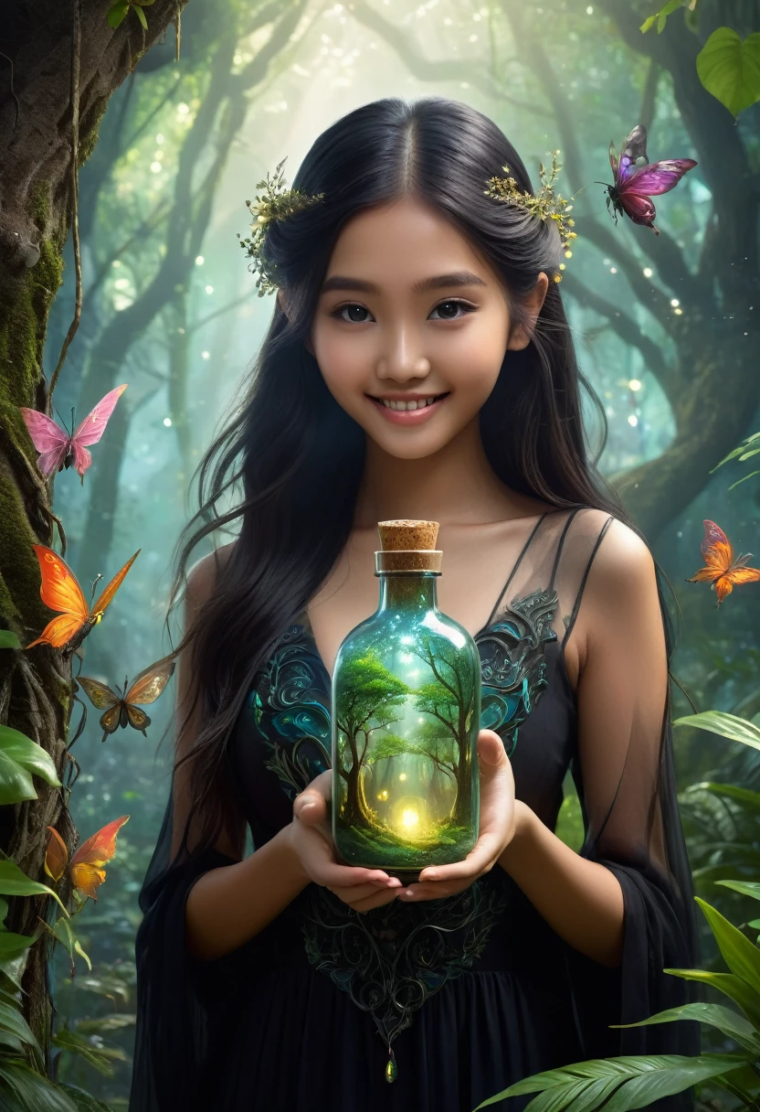Magical forest scene with a 19 year old Indonesian age girl with a beautiful face, medium long hair, super oversize breasts, wearing a long black dress with an intricate design, facing forward with a smile, and a transparent glass bottle emitting mist where a small magical creature sits inside. Curious human figures observe from outside the bottle, their faces remaining hidden. Incorporate elements like lush trees, rocks, atmospheric lighting, and add some fairies flying around the tree to enhance the fantasy atmosphere,incredibly absurdres, ultra detailed, high resolution, realistic lighting, photorealism, hyperrealism,masterpiece,vibrant colors,stunning visuals,ultra skin texsture,stable diffusion,perfect anatomy,crazy details