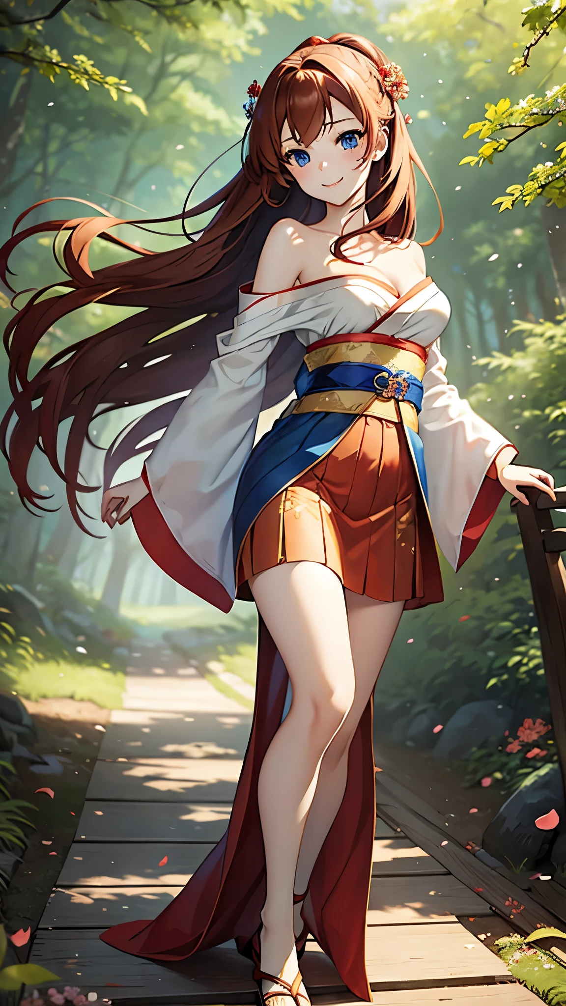 masterpiece,Japanese anime style,Beautiful girl with long straight reddish brown hair and blue eyes,Petite and cute figure,Medium breasts,beautiful face,Smile,walk in the woods, Wearing strapless gorgeous Hanfu,The breeze blew her face,petals falling from the sky,The skirt flutters,Elegant picture