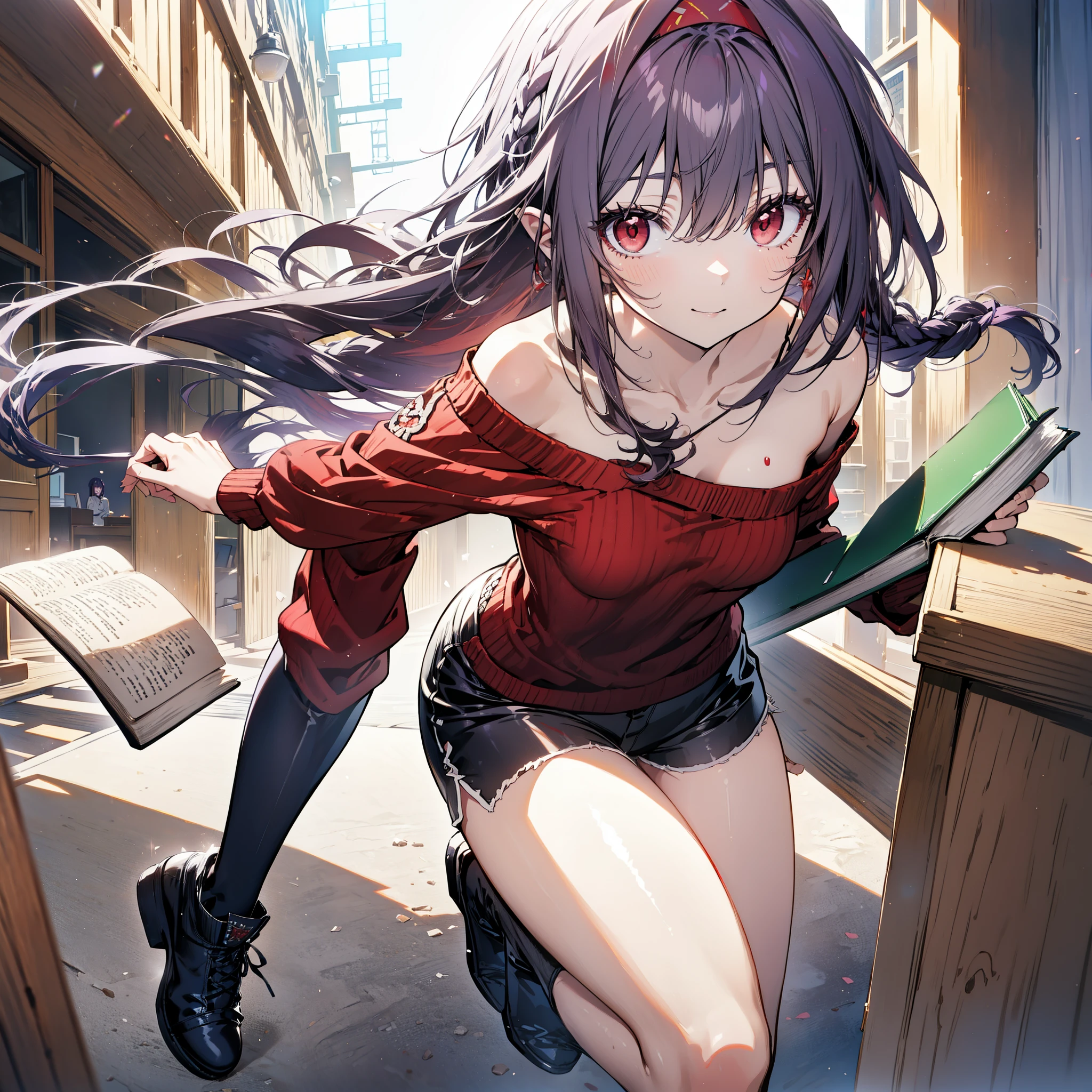 yuukikonno, Konno Yuuki, hair band, Long Hair, Pointed Ears, Purple Hair, (Red eyes:1.5), (Small breasts:1.2), Close your mouth,smile、,Long braids,Black-rimmed glasses,Oversized one-shoulder sweater,Shorts,short boots,Holding a book in both arms,
break looking at viewer, whole body,
break indoors, figure書館,
break (masterpiece:1.2), highest quality, High resolution, unity 8k wallpaper, (figure:0.8), (Beautiful fine details:1.6), Highly detailed face, Perfect lighting, Highly detailed CG, (Perfect hands, Perfect Anatomy),