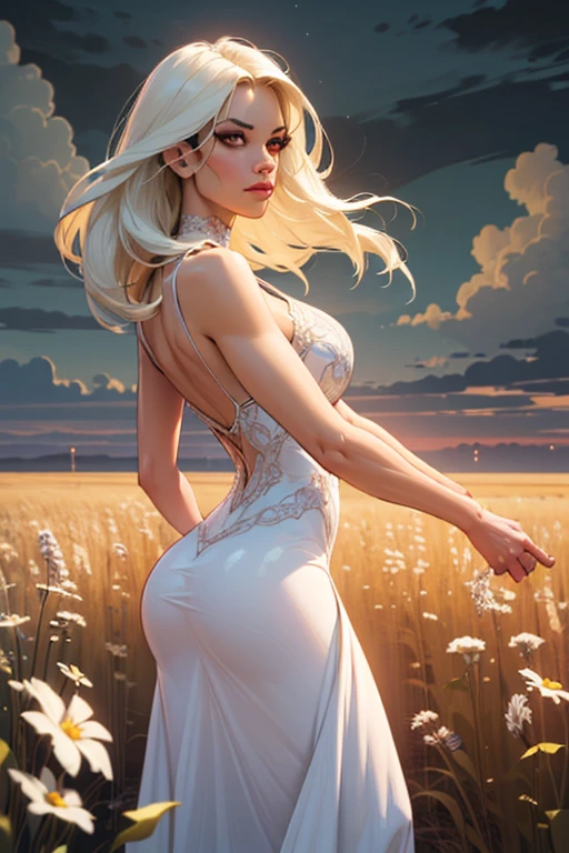((Dramatic pose:1.3)), turning around, radiant aura, (best quality,8k,ultra-detailed:1.2),(pale,glowing skin),(red eyes:1.1),(cinematic lighting:1.1),(dark,dim),(long flowing white hair),(beautiful intricate face,detailed features),(golden white dress:silky),(intense gaze),(viewing audience),(unbelievably detailed 8K CG wallpaper),(artistic cinematic lighting with neutral filter),((overcast clouds, fields background:1.4))