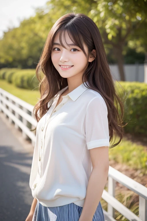 Produce the highest quality and highest resolution 8K images。The model is a 20-year-old Japanese woman.。The image depicts her posing and smiling for the camera.。She has brown eyes and a model figure.、She has an idol-level cute face.。The hair is wavy。Skin has a healthy color。Clothes、I&#39;m wearing early summer clothes。