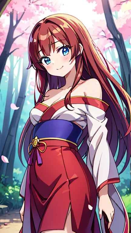 masterpiece,Japanese anime style,Beautiful girl with long straight reddish brown hair and blue eyes,Petite and cute figure,Medium breasts,beautiful face,Smile,walk in the woods, Wearing strapless gorgeous Hanfu,The breeze blew her face,petals falling from the sky,The skirt flutters,Elegant picture
