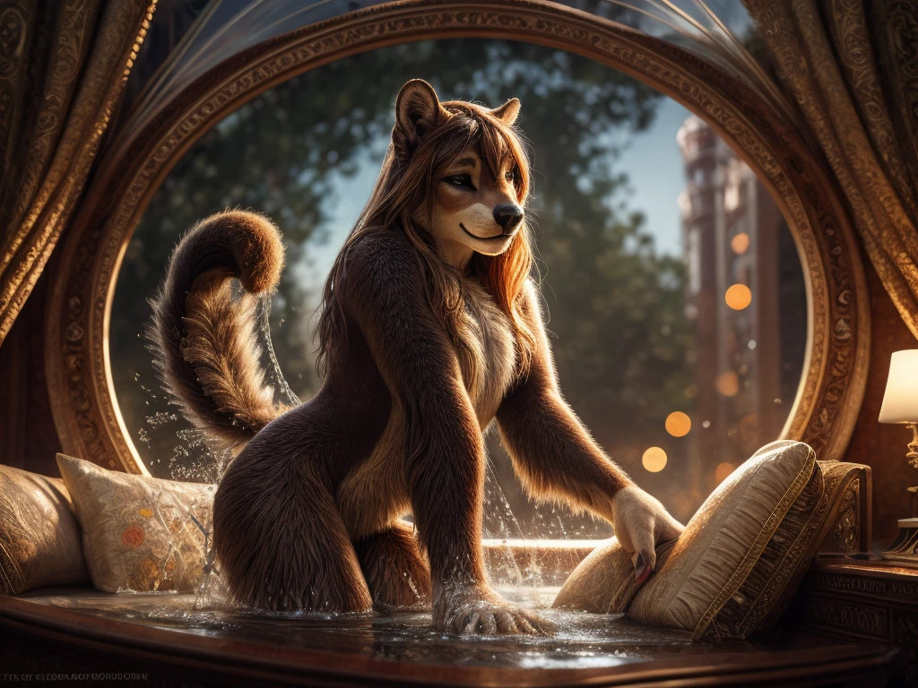 (Mucha style) , Bokeh , naked Photo session advertisement , Hallucination, daydream , realistic hairy fur , messy female , in the luxury hotel , artistic porn pose , erotica , show off Private parts , can not stand it any longer, Squirting pee , Water droplets splashing