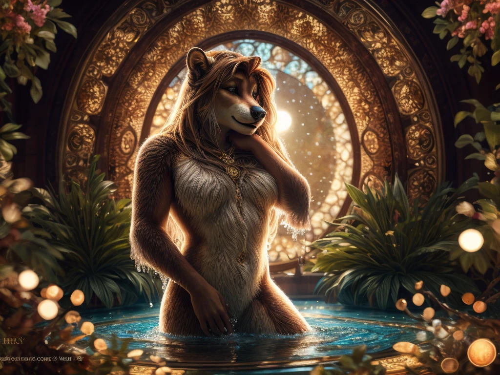 (Mucha style) , Bokeh , naked Photo session advertisement , Hallucination, daydream , realistic hairy fur , messy female , in the luxury hotel , artistic porn pose , erotica , show off Private parts , can not stand it any longer, Squirting pee , Water droplets splashing