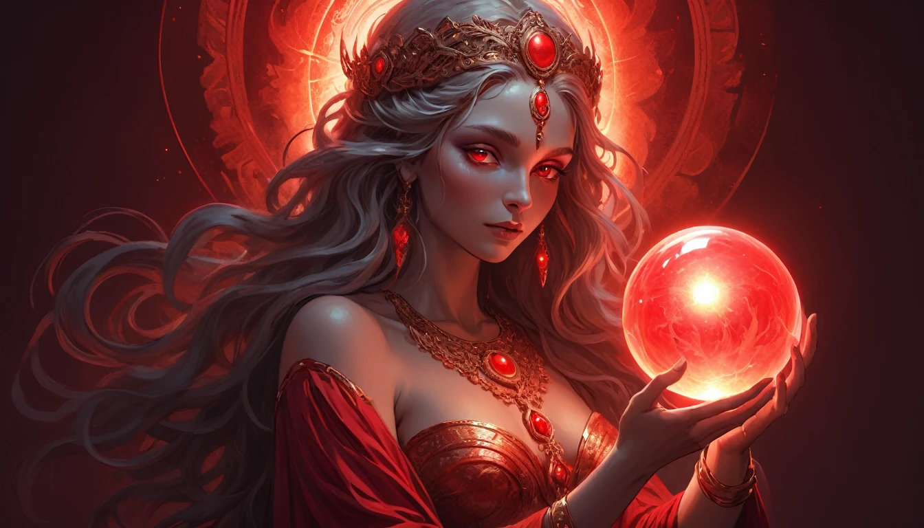 a beautiful goddess holding an orb of glowing red light, ethereal and radiant, goddess-like appearance, intricate detailed face, piercing eyes, flowing hair, graceful pose, dramatic lighting, cinematic, muted color palette, digital art, 8k, photorealistic, masterpiece